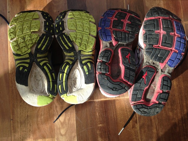 Note the heel wear on the older runners on the left - the runners on the right have done around twice the mileage, but no heel wear through improved running form.